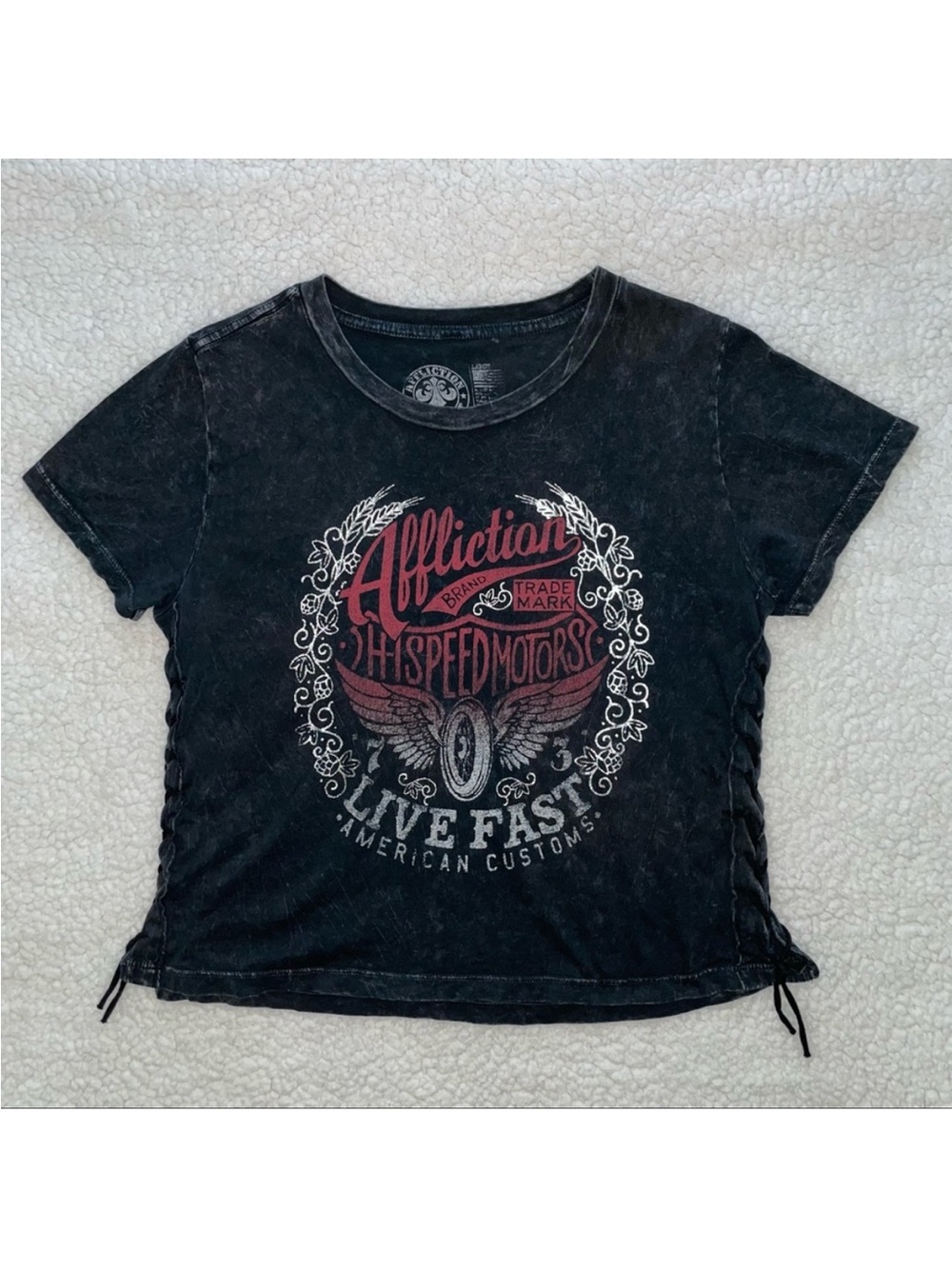 Y2K Affliction distressed side-laced Live Fast black mineral wash wing graphic L